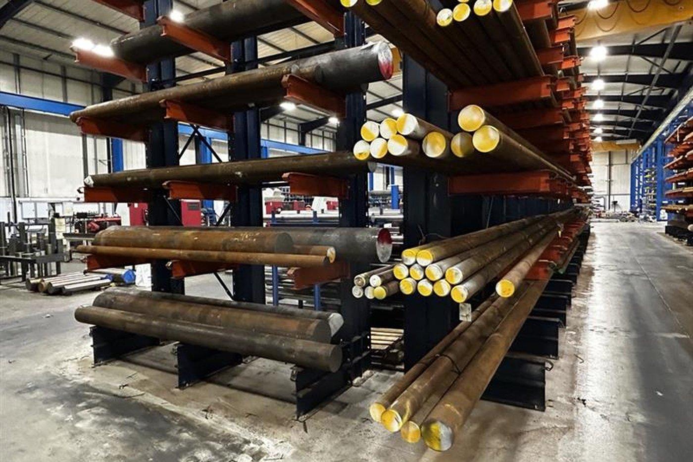 Cantilever racking stocked with certified engineering bar at Parkside Steel's Sherwood Park facility