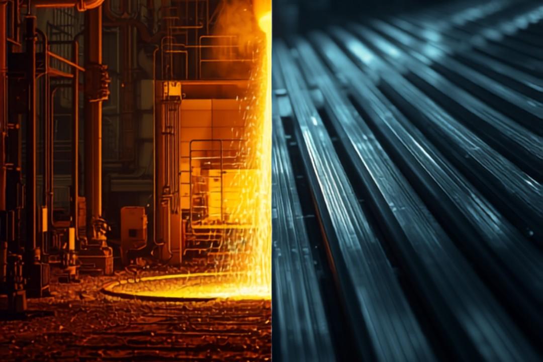 Molten steel in a furnace beside cool finished engineering bar — the UK shift from blast-furnace to electric-arc steelmaking