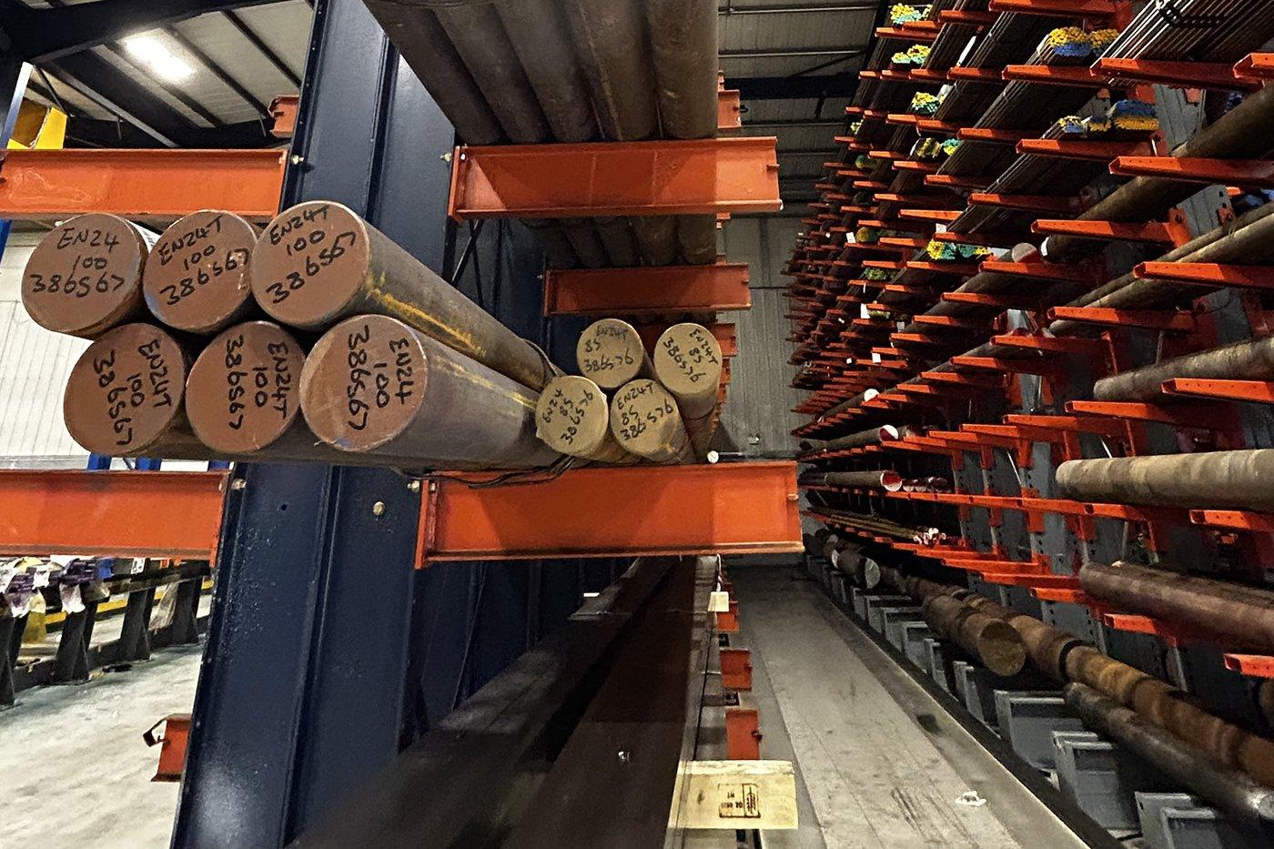 EN24 bar ends marked with grade and cast number on cantilever racking at Parkside Steel