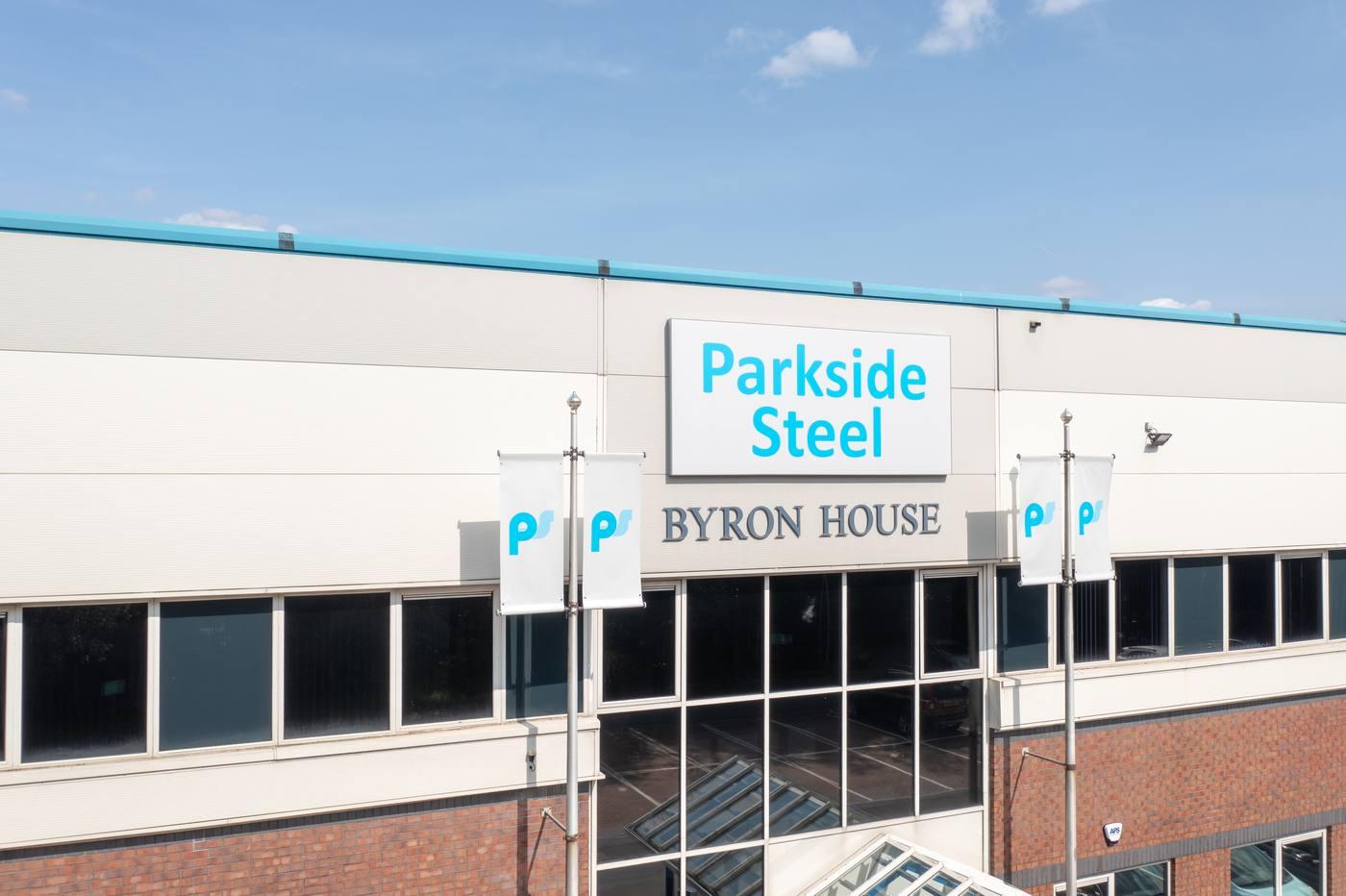 Parkside Steel Byron House — building signage with PS logo flags, Sherwood Park, Annesley