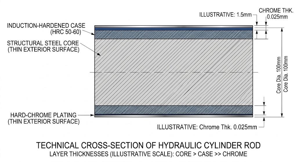 Cross-section of a hydraulic cylinder rod showing three layers: a structural steel core at 100mm diameter, an induction-hardened case of about 1.5mm at 50-60 HRC, and hard-chrome plating of about 0.025mm. Layer thicknesses are drawn illustratively, not to scale.