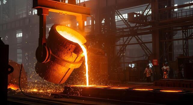 Molten steel being poured from a ladle into moulds at a steel mill — the melt and pour stage that determines a bar's country of origin